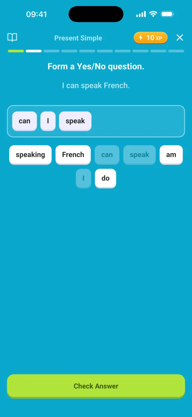 GrammarTrack practice exercises: pick, build, fill in and type the answer