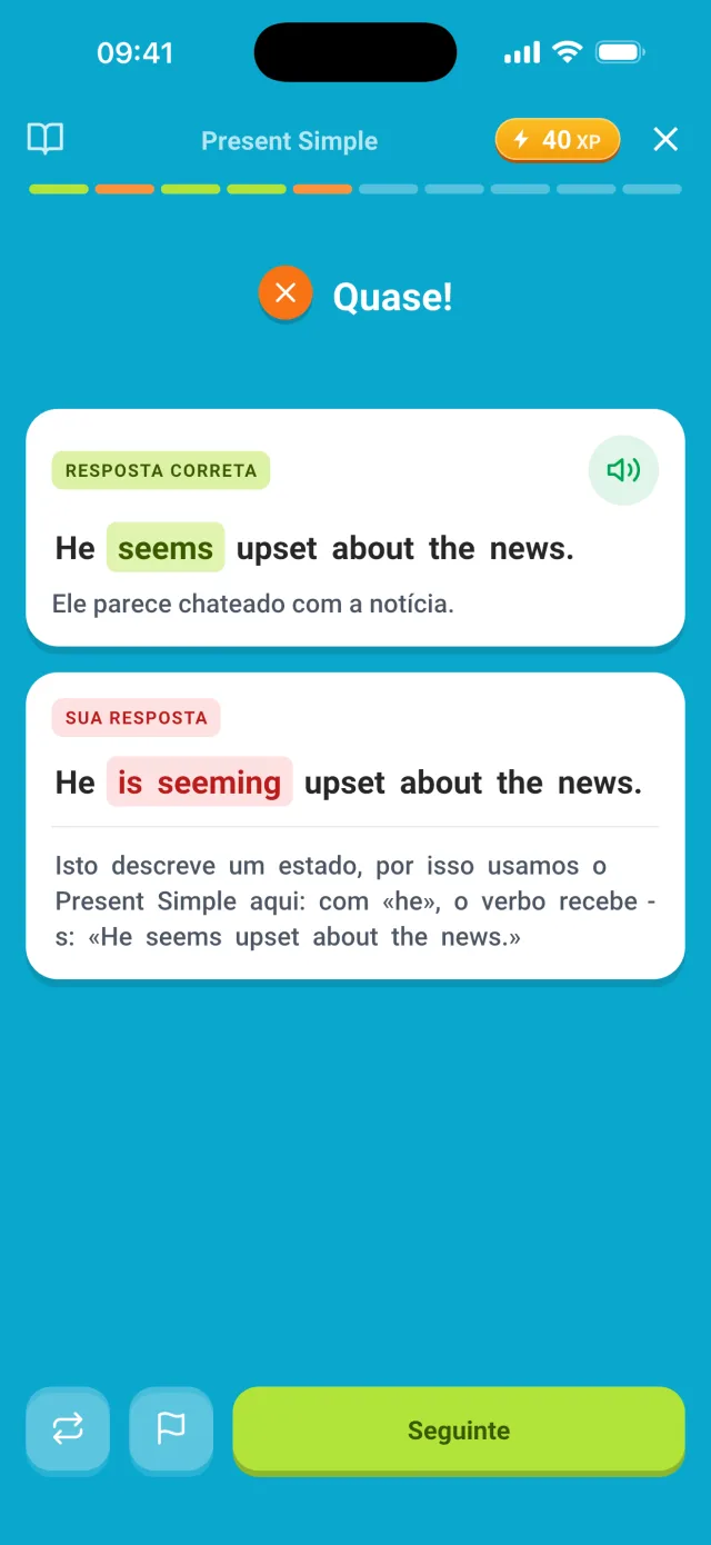 Erro explicado: a forma correta e por que a tua resposta não serve