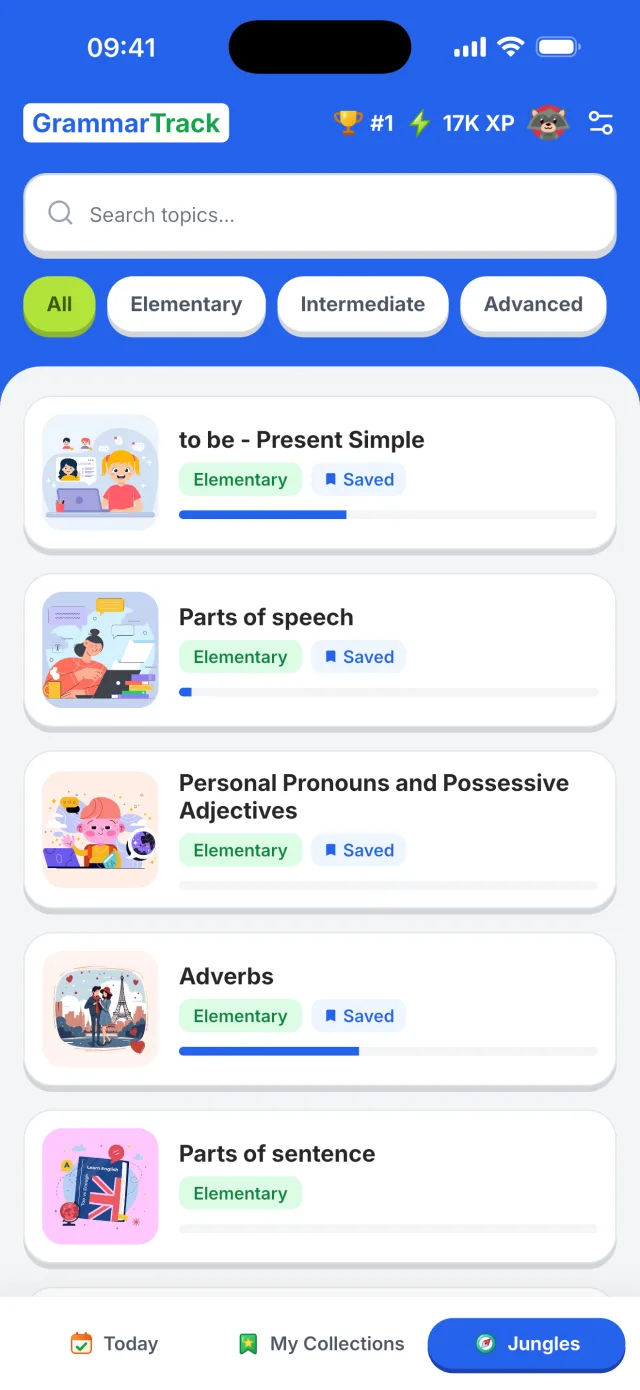 GrammarTrack app — grammar topics with progress