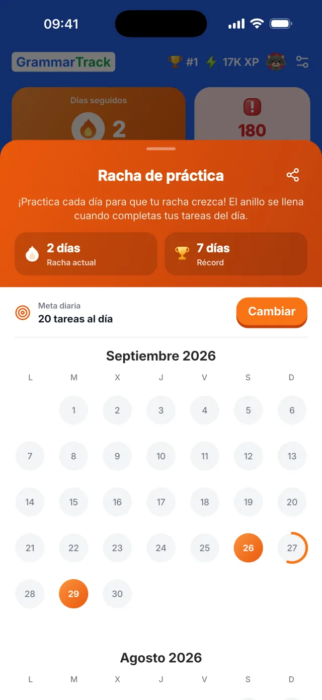 Calendario de rachas y meta diaria