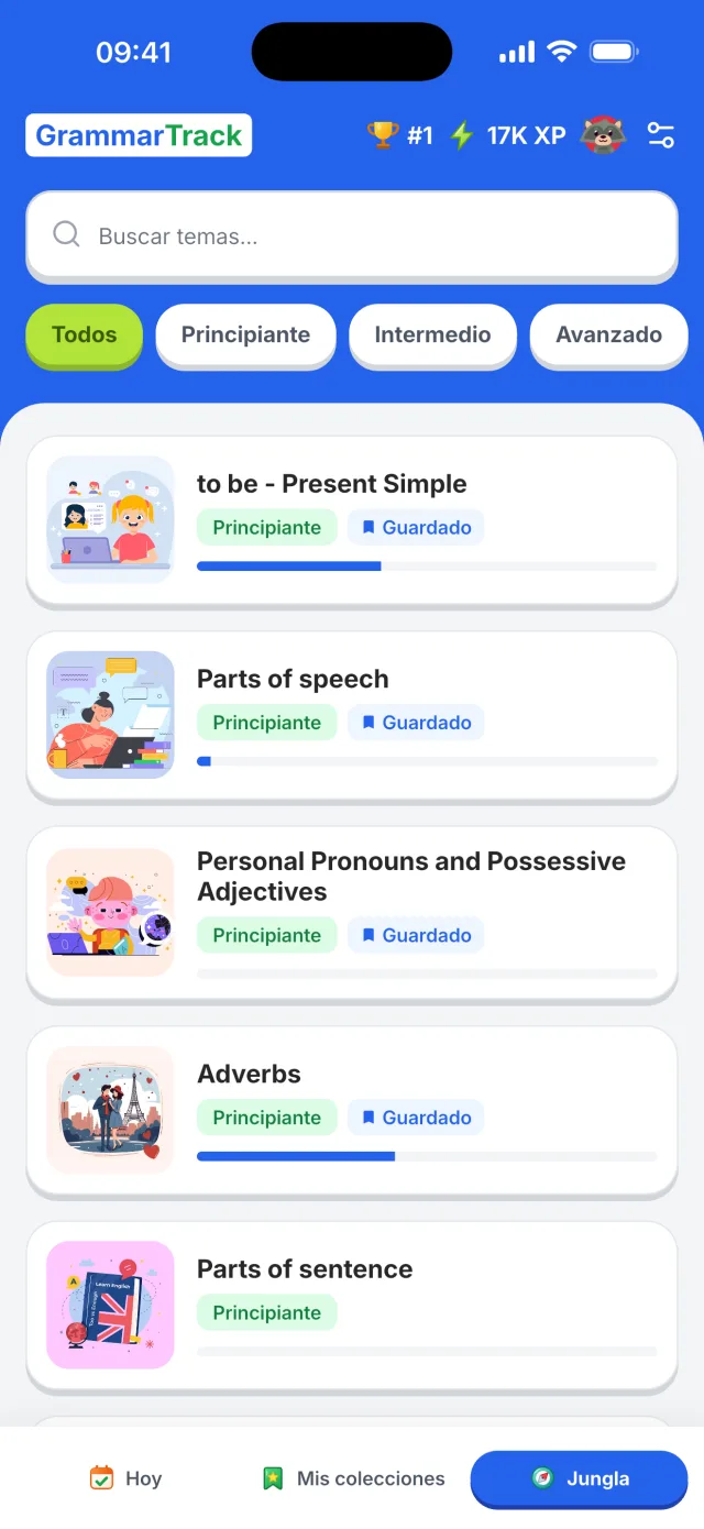 App GrammarTrack — temas de gramática con progreso