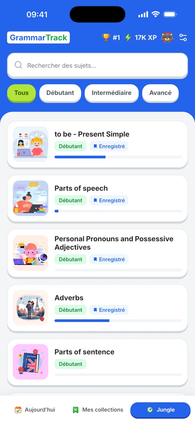 Application GrammarTrack — thèmes de grammaire et progression