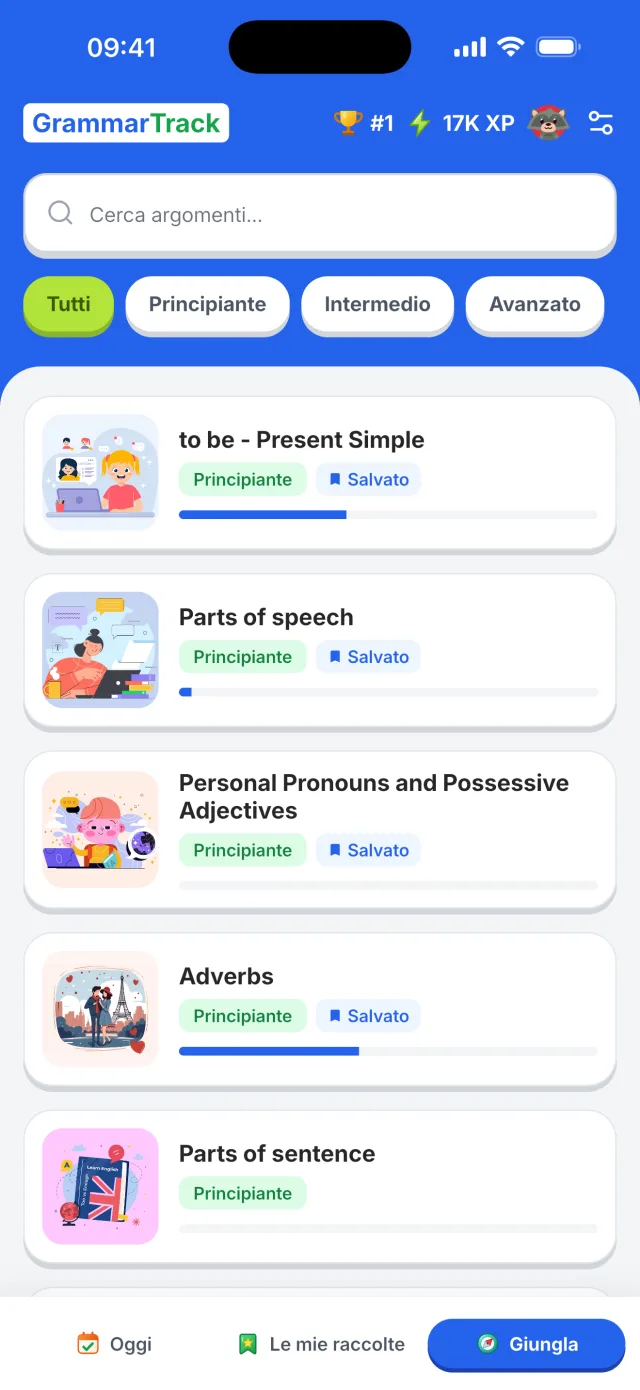 App GrammarTrack — argomenti di grammatica con i progressi