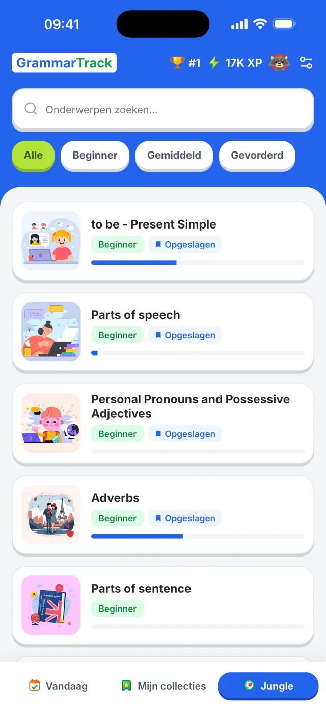 GrammarTrack-app — grammaticaonderwerpen met voortgang