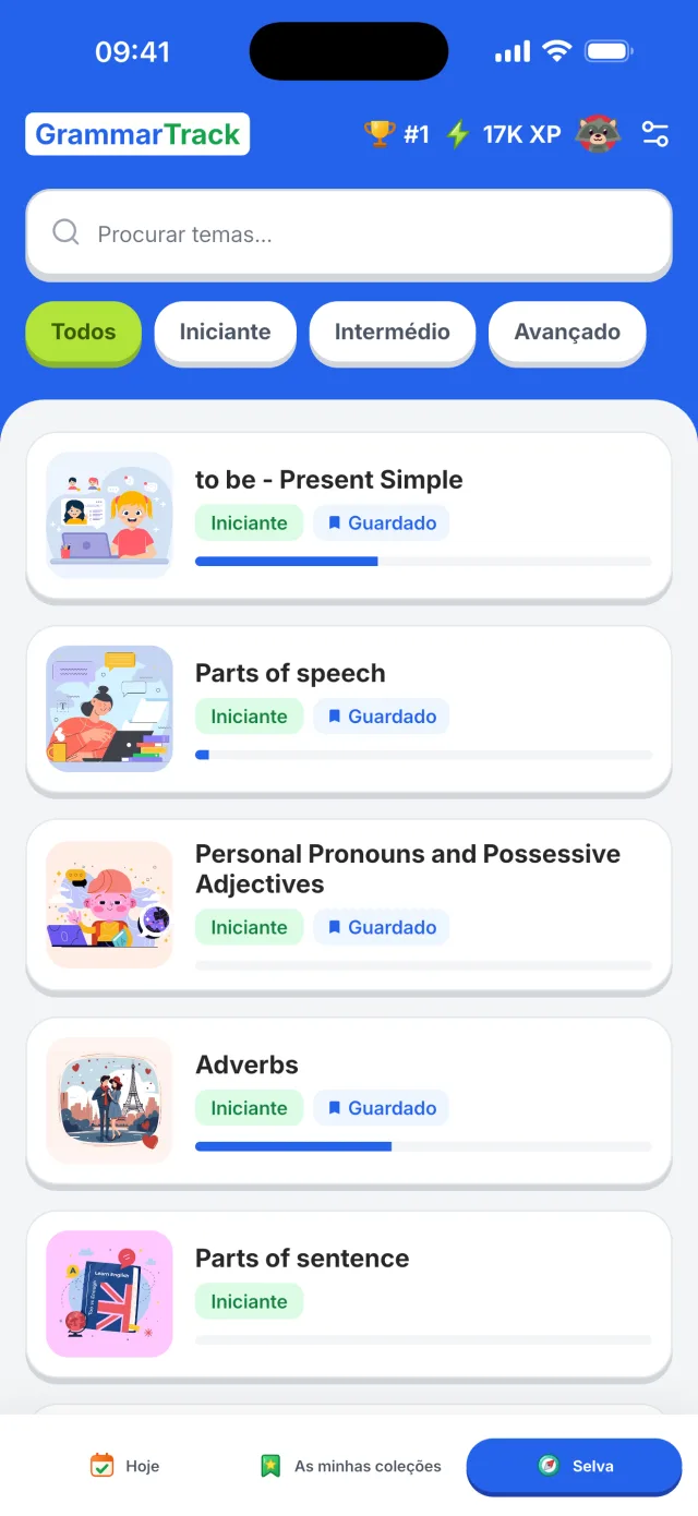 App GrammarTrack — temas de gramática com progresso