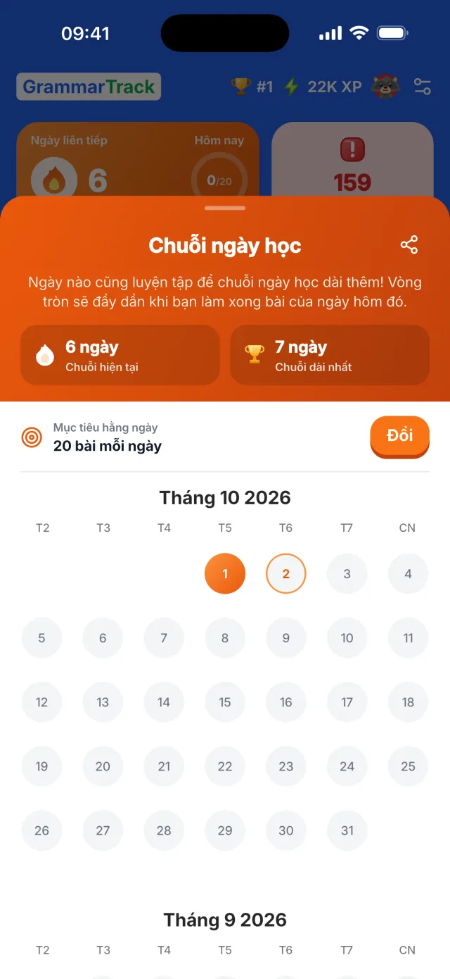 Lịch chuỗi ngày học và mục tiêu hằng ngày
