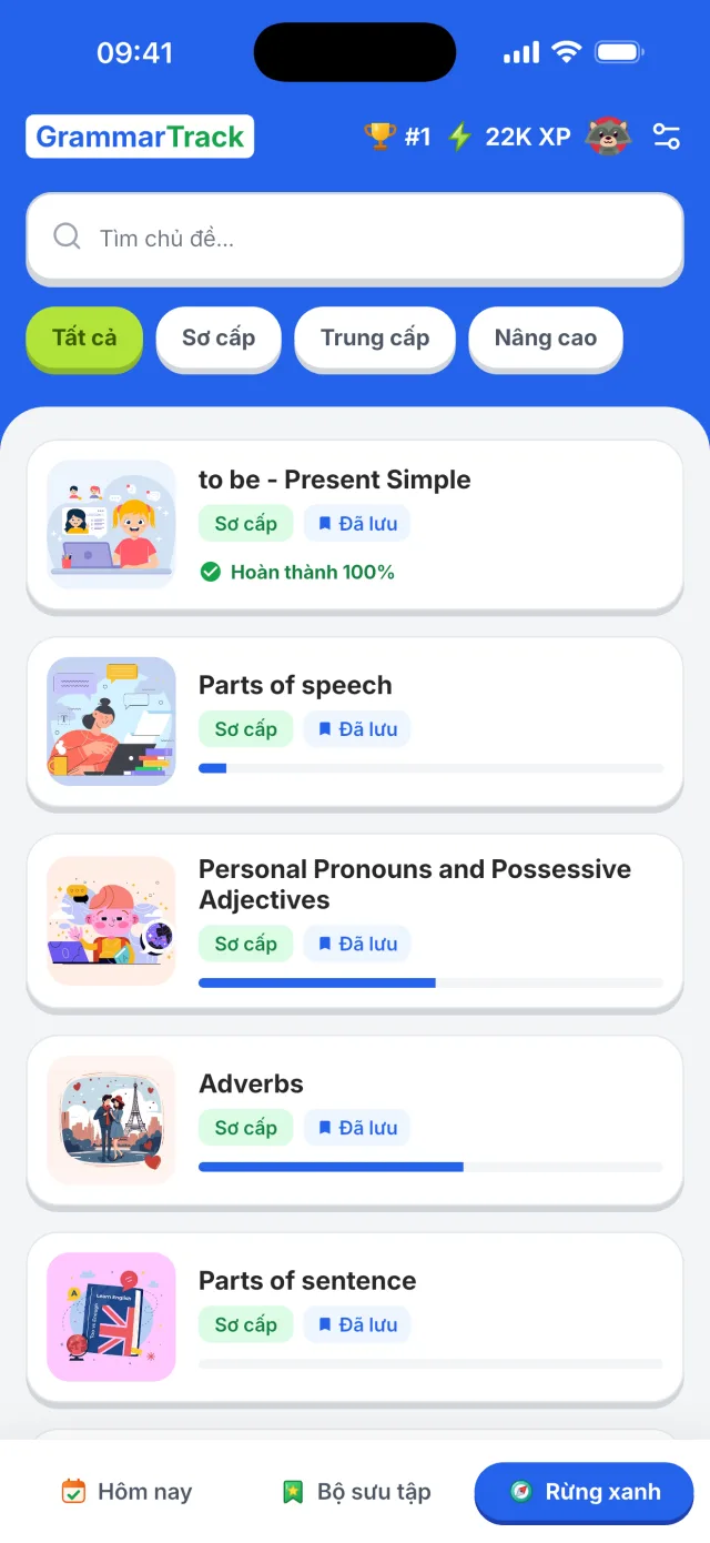 Ứng dụng GrammarTrack — các chủ đề ngữ pháp và tiến độ