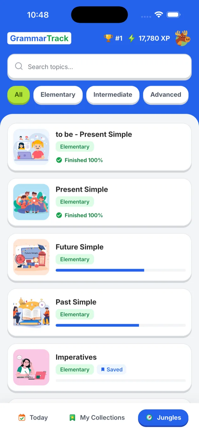 GrammarTrack app — grammar topics with progress