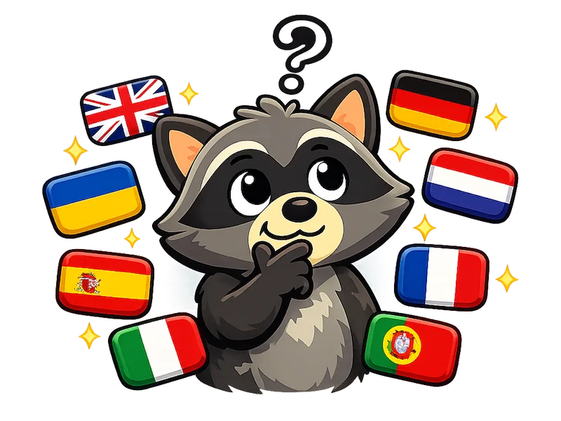 GrammarTrack raccoon mascot choosing a language